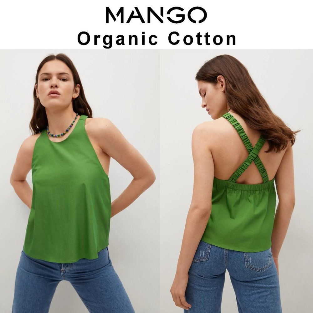 NEW Mango Organic Cotton Cross Over back Strap Green Top, Size M